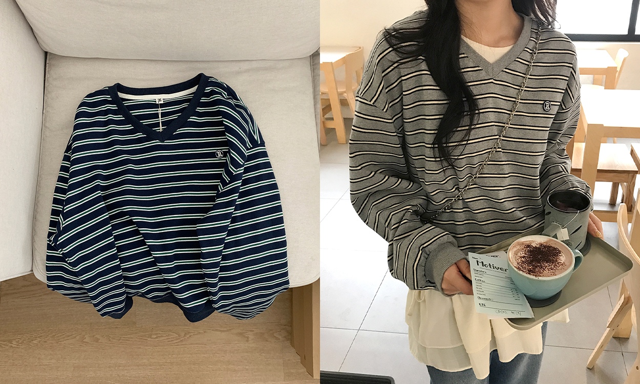 담백한 스트라이프 포인트
로고 패치 브이넥 맨투맨