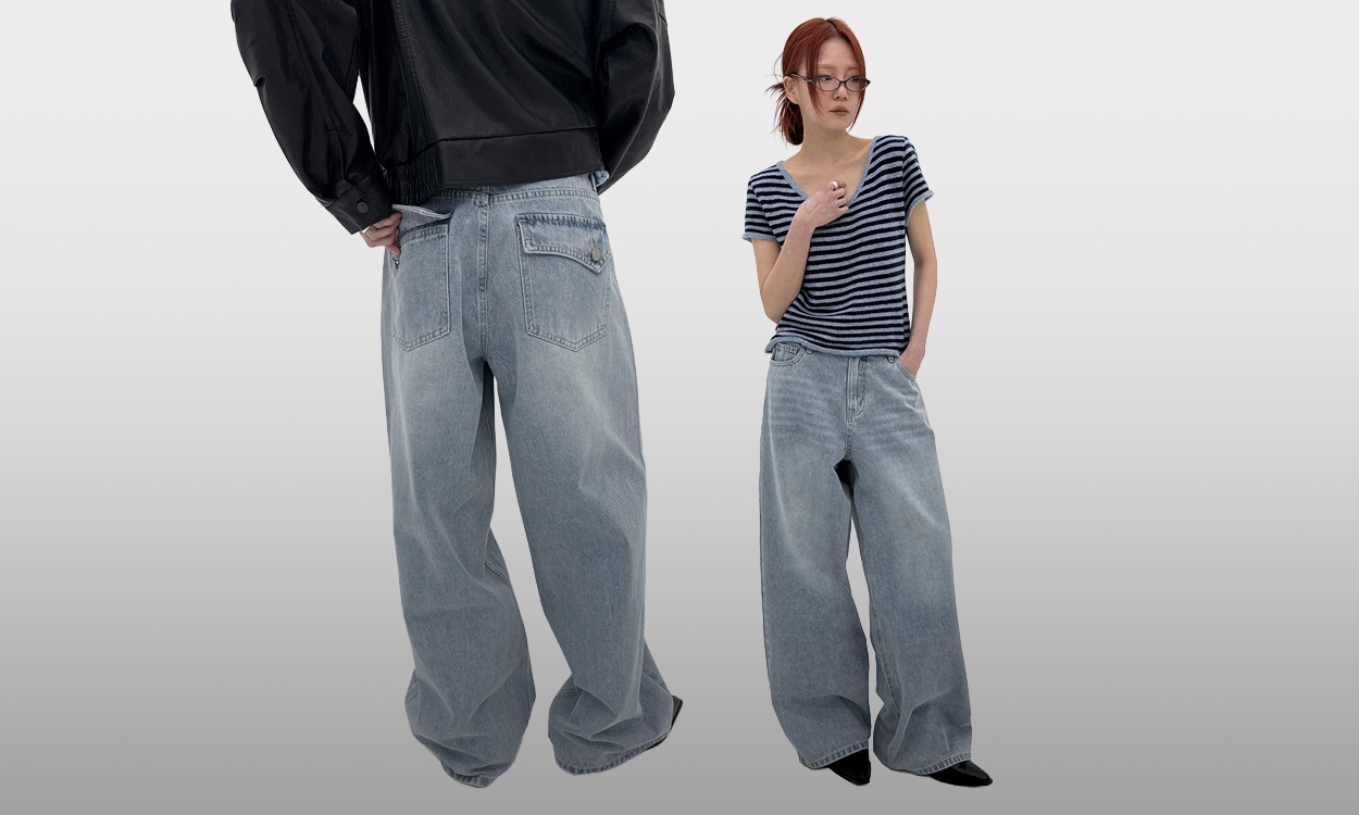 볼드한 백 포켓 포인트
난스판 와이드 데님 팬츠